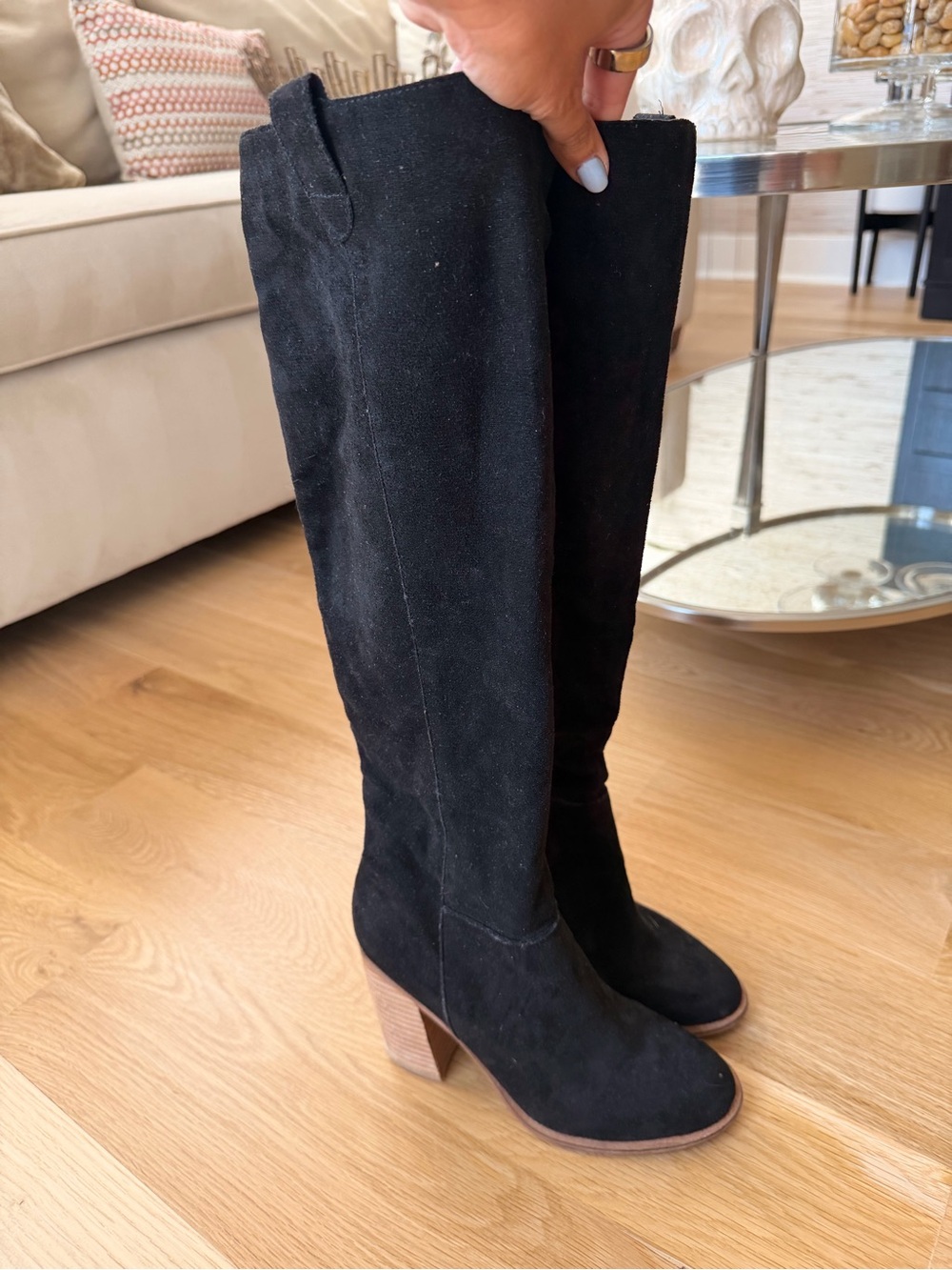 Vici Black Suede Knee-High Block Heel Boots